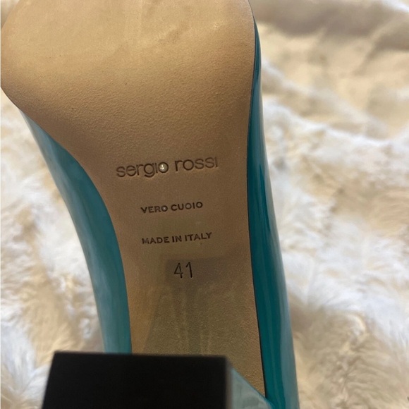 Sergio Rossi Chunky Block Heel Turquoise Patent Leather Pointed Toe Pumps 10 NEW - Picture 3 of 9